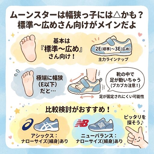 ムーンスターは基本的には「足幅が標準〜広め（甲高）」の子におすすめのメーカーです。
