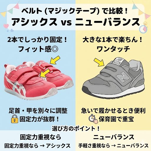 アシックスとニューバランスのベルト(マジックテープ)の違い|2本で締めるアシックス・1本で楽なニューバランス