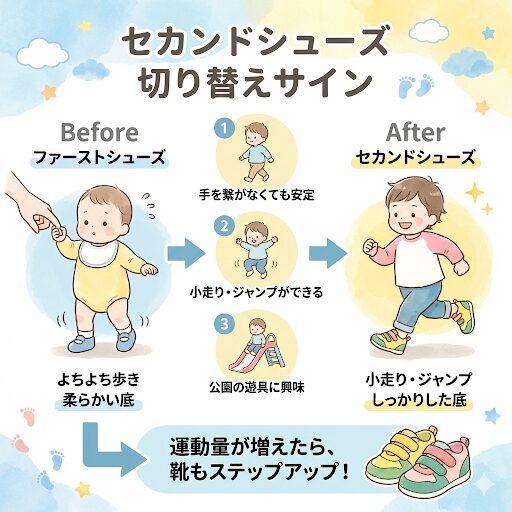 ファーストシューズからセカンドシューズへの切り替えの行動のサインはよちよち歩き卒業！小走りやジャンプができたら