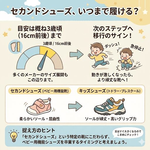 セカンドシューズは何歳まで履けますか？
概ね3歳頃（16cm前後）までが目安ですが、運動量が増えたら次のステップへ。