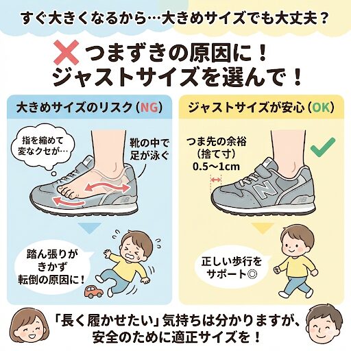 つまずきの原因になるため、セカンドシューズはジャストサイズを選んであげてください。