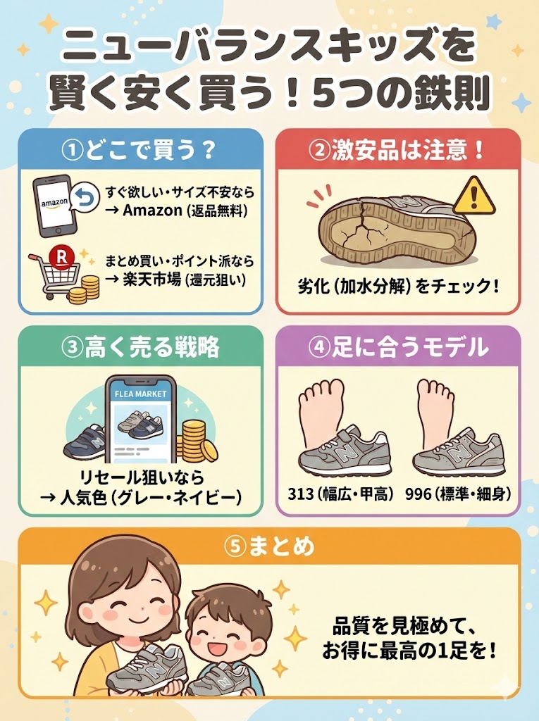 ニューバランスのキッズシューズを安く買う方法まとめ　すぐに欲しいなら返品無料のAmazon

まとめ買いならポイント還元の楽天市場

安さだけでなく「加水分解」などの劣化に注意する

人気色（グレー・ネイビー）を選んで高く売る

足の形に合わせて「313」か「996」を選び分ける