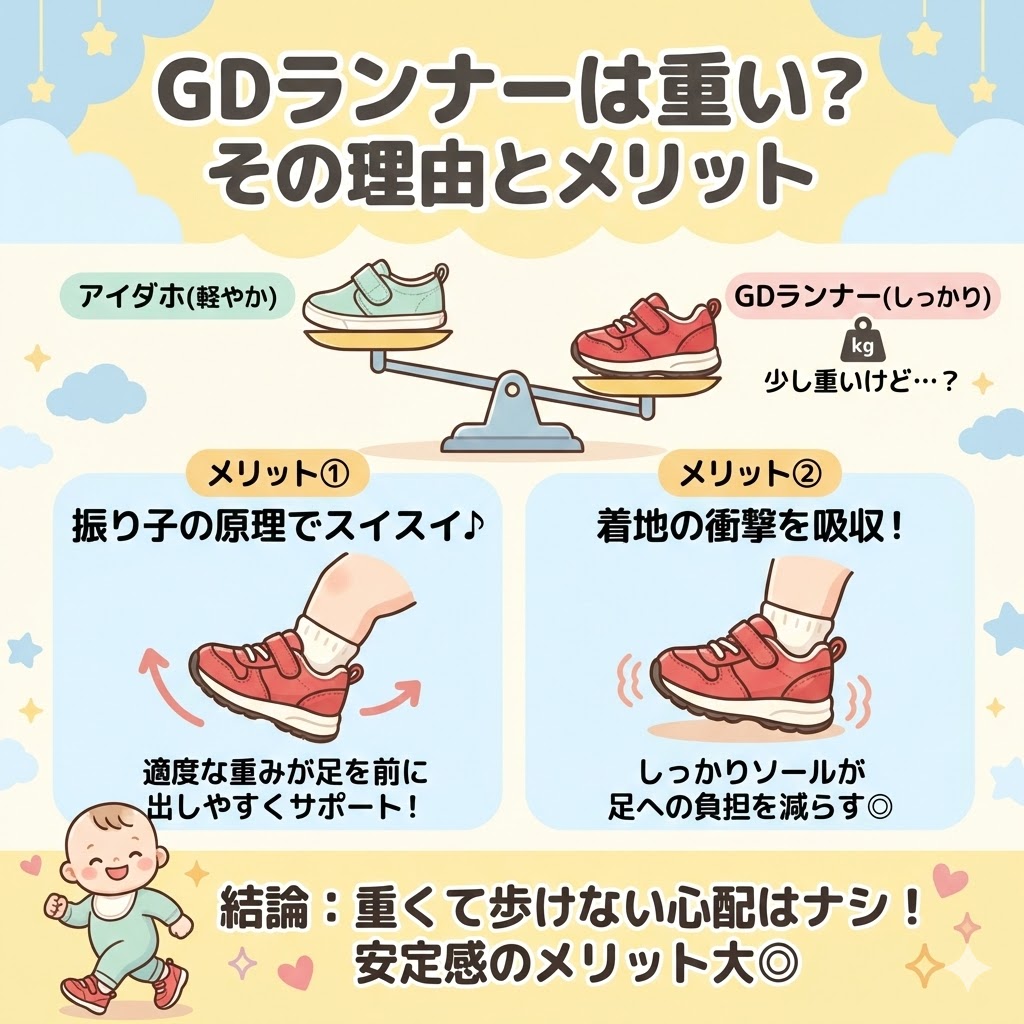 GDランナーの適度な重さは「振り子の原理」で足を前に出しやすくする効果や、着地の衝撃を吸収する役割がある