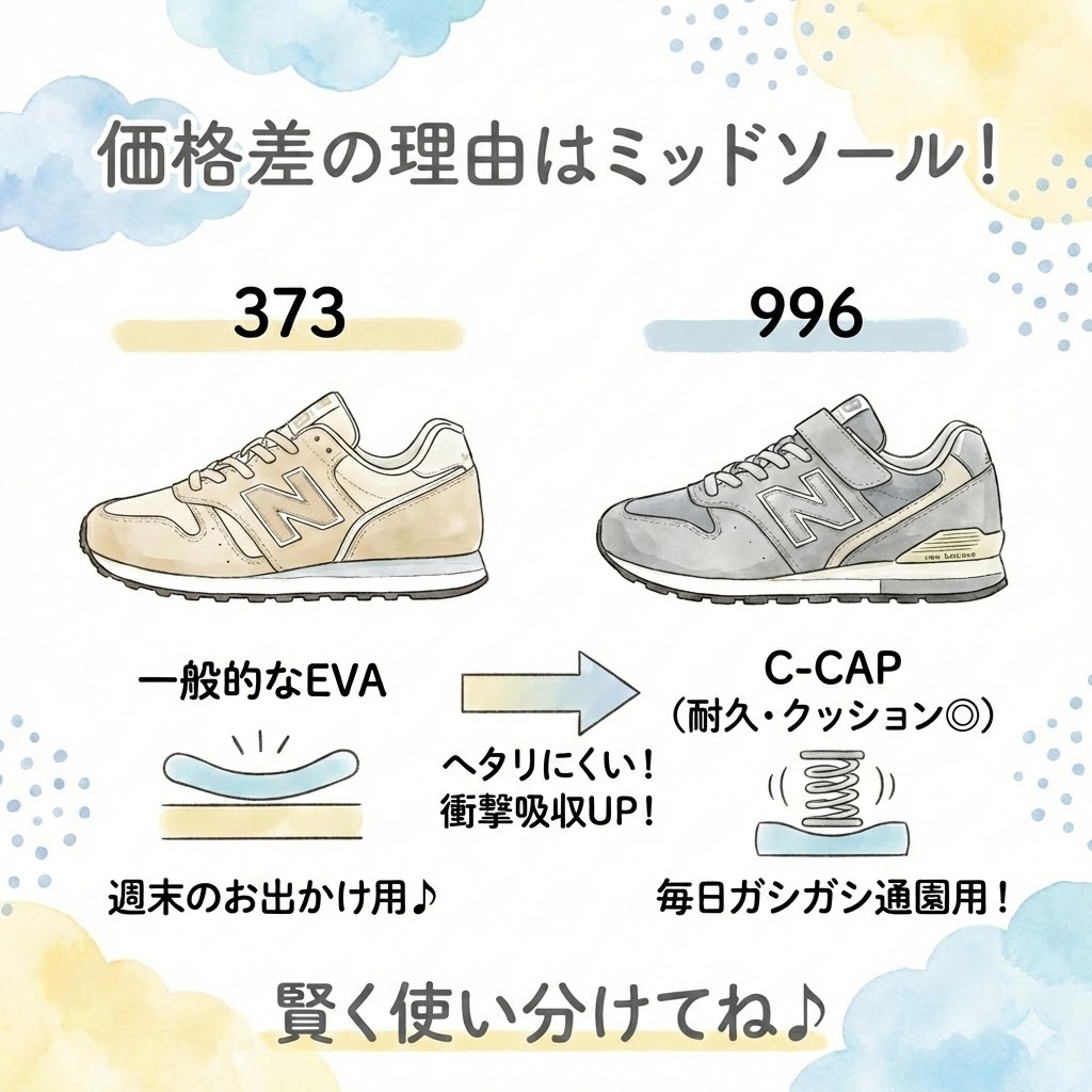 ニューバランス373と996のもっとも大きな違いは、ミッドソール（靴底のクッション部分）に使われている素材