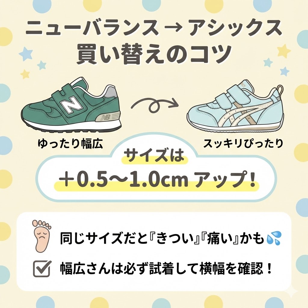 ニューバランスからアシックスへ買い替えは「0.5cm～1.0cmサイズアップ」