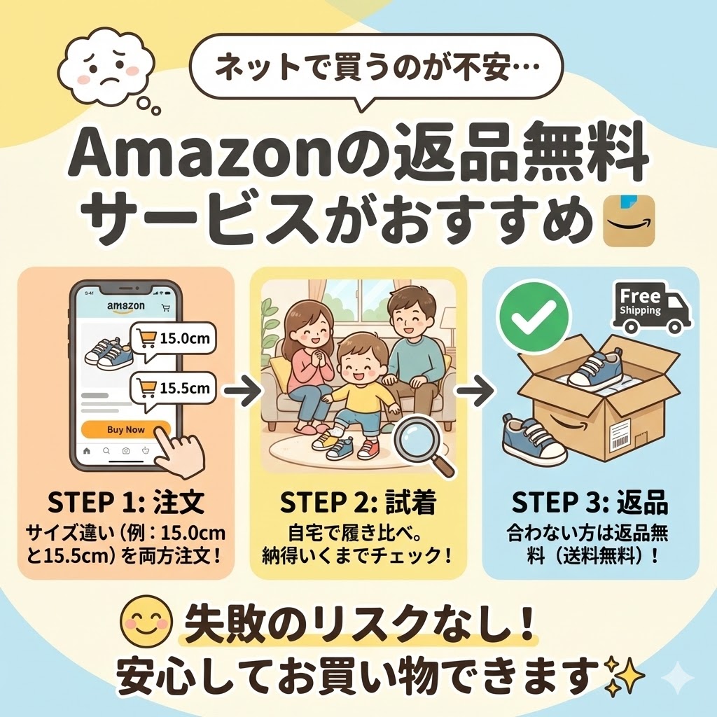 ネットでキッズシューズを買うならAmazonの返品無料サービスがおすすめです。