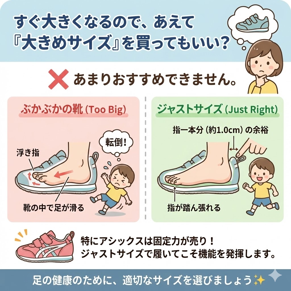 すぐ大きくなるので、あえて「大きめサイズ」を買うのはおすすめできません。