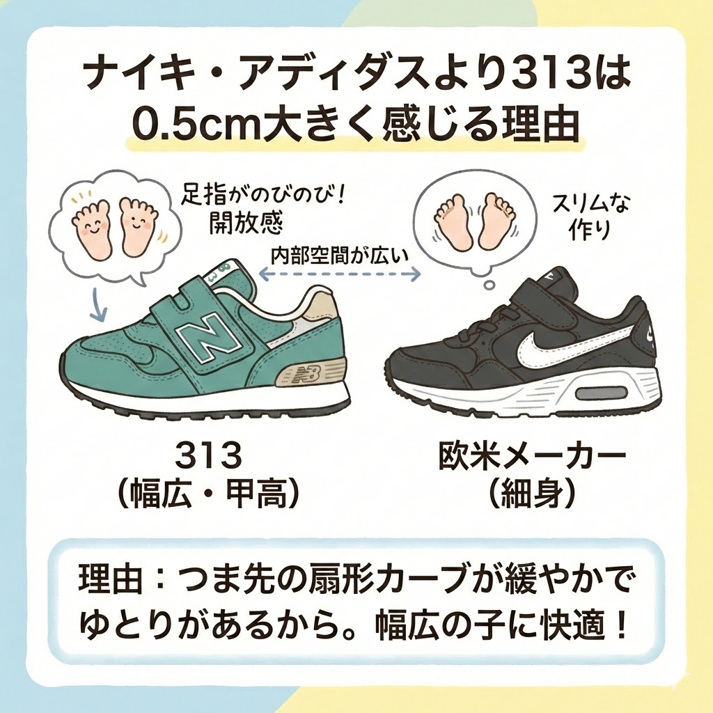 ナイキ・アディダスよりニューバランス313のサイズ感が0.5cm大きく感じる理由は、つま先の扇形カーブの余裕