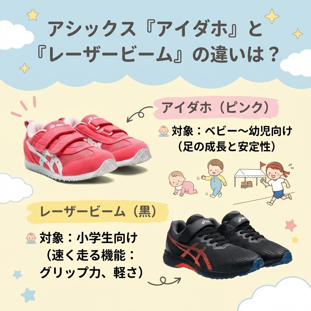 アシックスの「アイダホ」と「レーザービーム」の違いはは対象年齢と目的