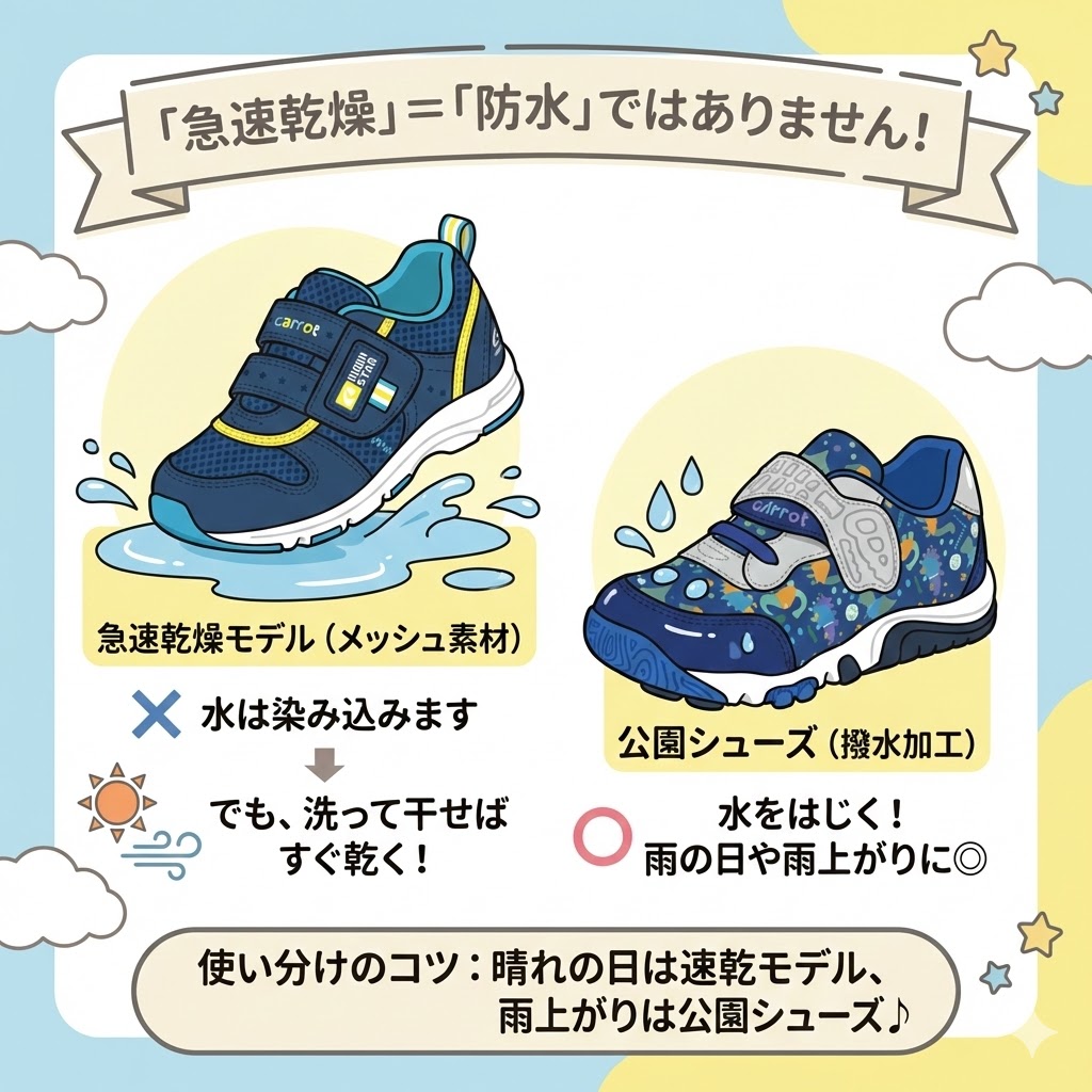 「急速乾燥」は防水機能ではありません。雨上がりには公園シューズがおすすめ。