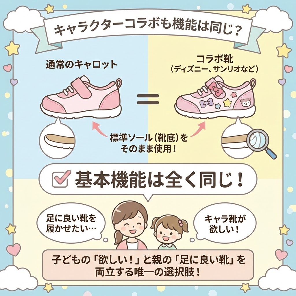 ムーンスターキャロットのディズニーやサンリオなどの「キャラクターコラボ」も、機能は同じ