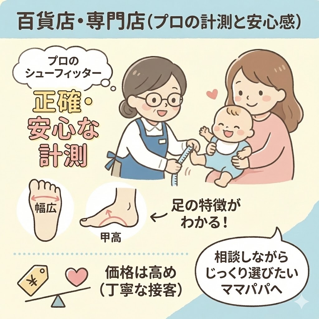 ファーストシューズどこで買う?百貨店・専門店(プロの計測と安心感)