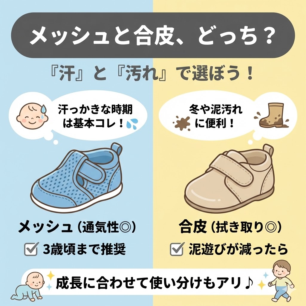 「メッシュ素材」か「合皮素材」かは「足の汗かき具合」と「汚れの種類」で選びます。