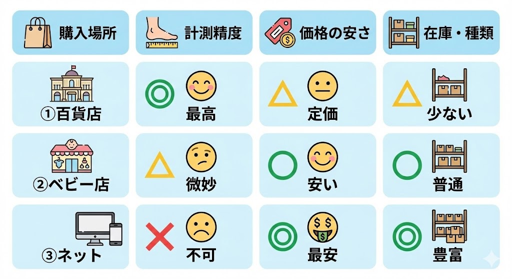 ファーストシューズどこで買う?百貨店・専門店、ベビー用品店、ネット通販比較表