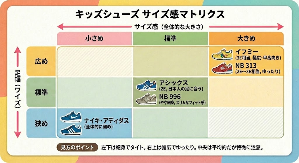 ニューバランス313、996と主要キッズシューズメーカーのサイズ感マトリクス