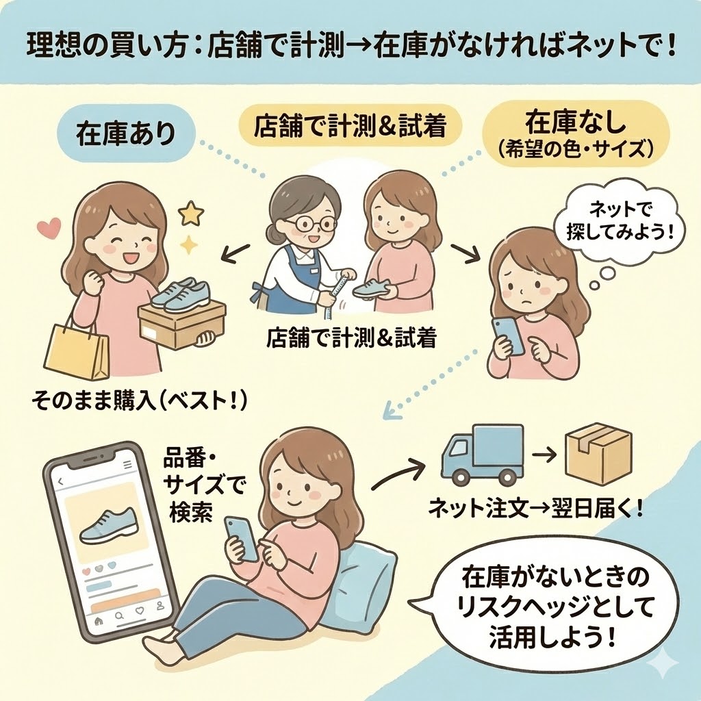 ファーストシューズの買い方の理想:在庫があれば店舗で購入。なければネットで探す