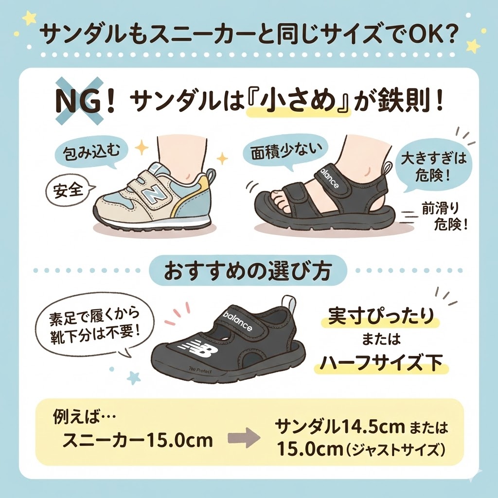 ニューバランスのキッズサンダルは「実寸ぴったり」か「ハーフサイズ下」がおすすめです。 