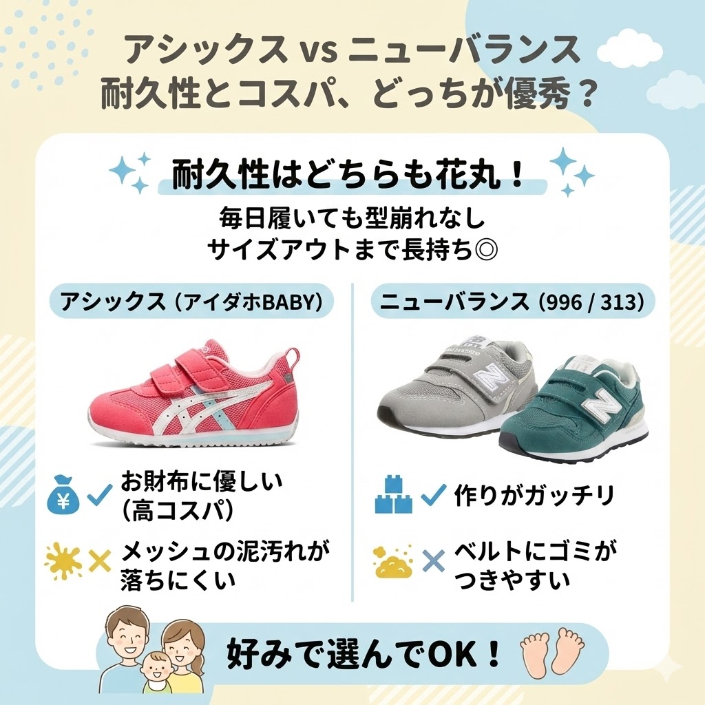 アシックスとニューバランスの耐久性とコスパの違い|サイズアウトまで型崩れしにくいのは?