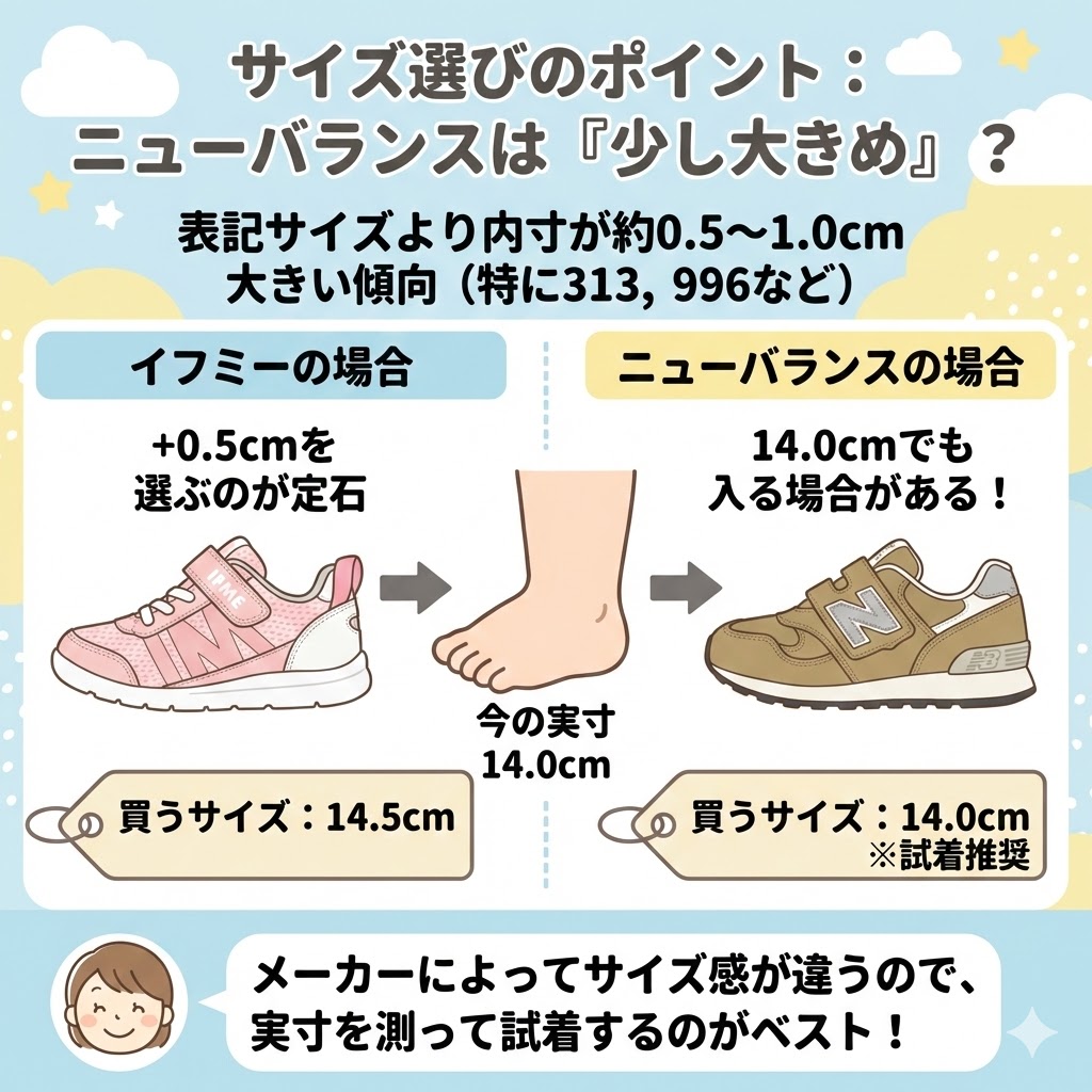 サイズ選びのポイント ニューバランスは「少し大きめ」に作られていることが多いです。