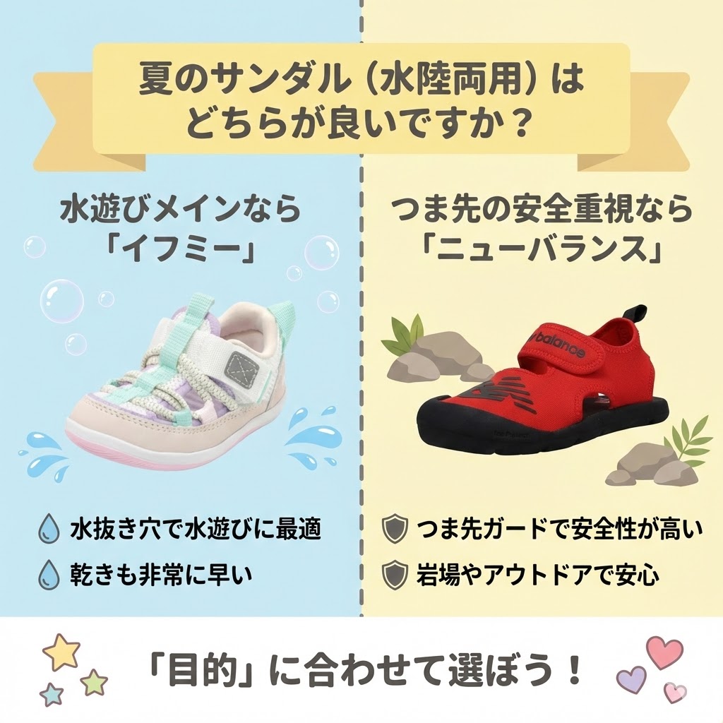 夏のサンダル(水陸両用)水遊びメインなら「イフミー」、つま先の安全重視なら「ニューバランス」です。
