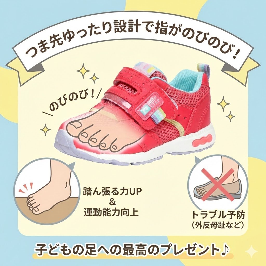 つま先ゆったり設計で指がのびのび動かせる