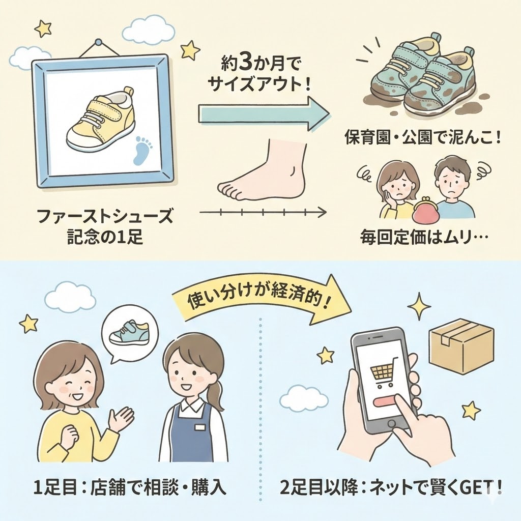 ファーストシューズ購入の現実:子ども靴は3か月でサイズアウト。2足目以降はネットが経済的