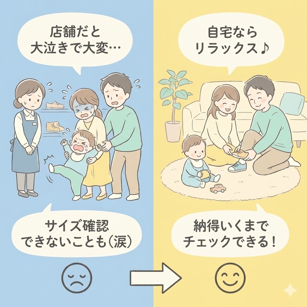 店員さんの前だと焦る…自宅なら子どもの機嫌が良い時にゆっくり履かせられる