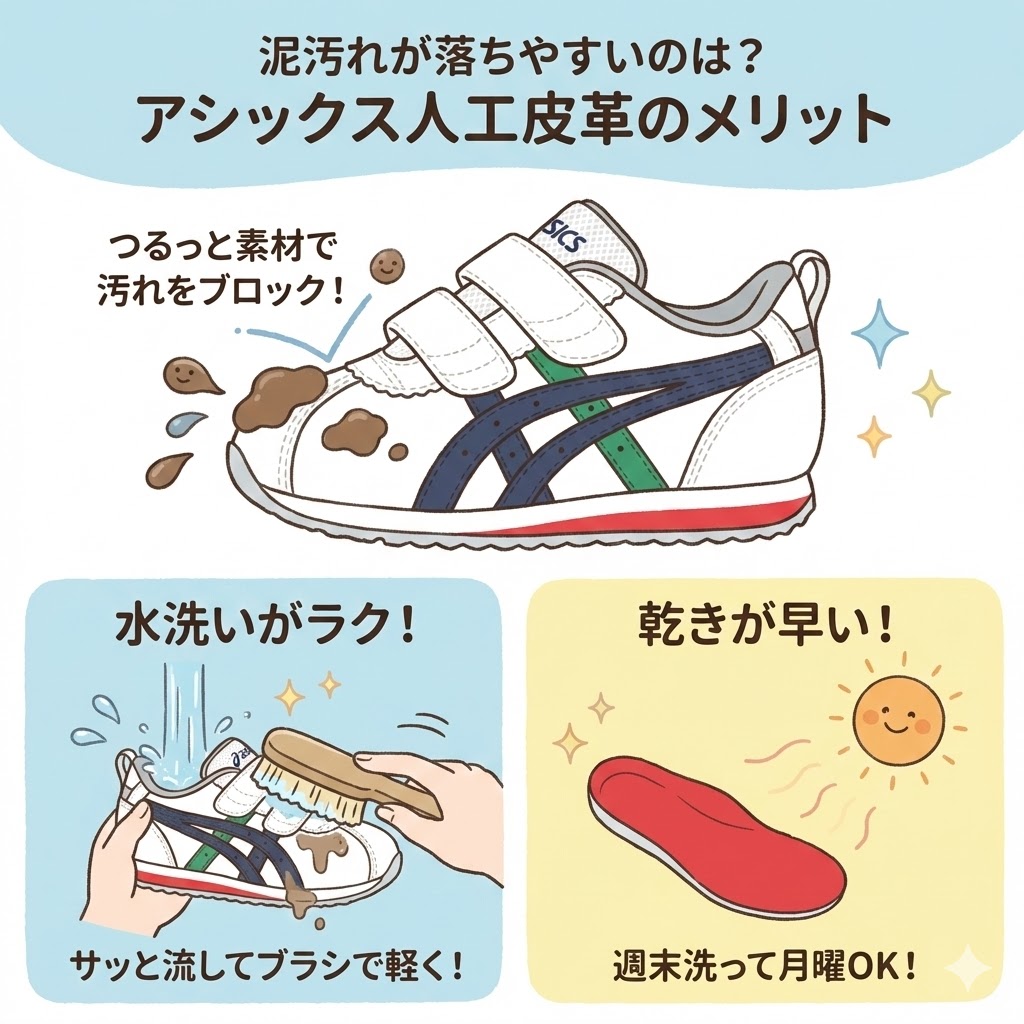 アシックスの人工皮革素材は泥汚れが落ちやすい