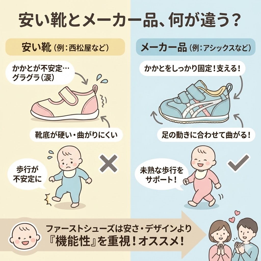 安い靴とメーカー品の違いは「かかとの安定性」と「靴底の曲がりやすさ」