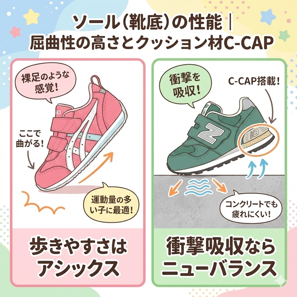 アシックスとニューバランスのソール(靴底)の性能の違い|屈曲性の高さとクッション材C-CAP