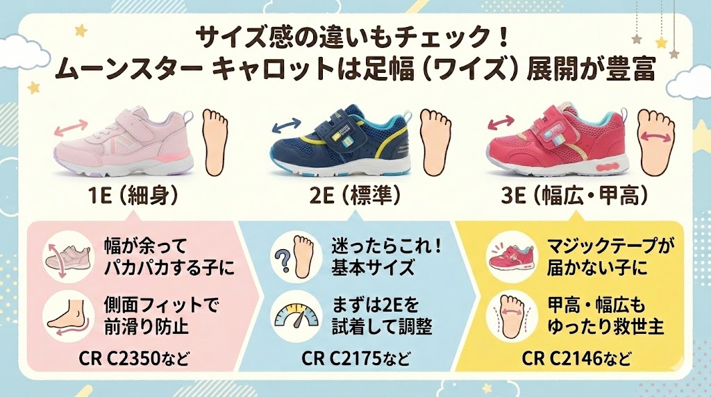 サイズ感の違いもチェック!ムーンスター キャロットは足幅(ワイズ)展開が豊富