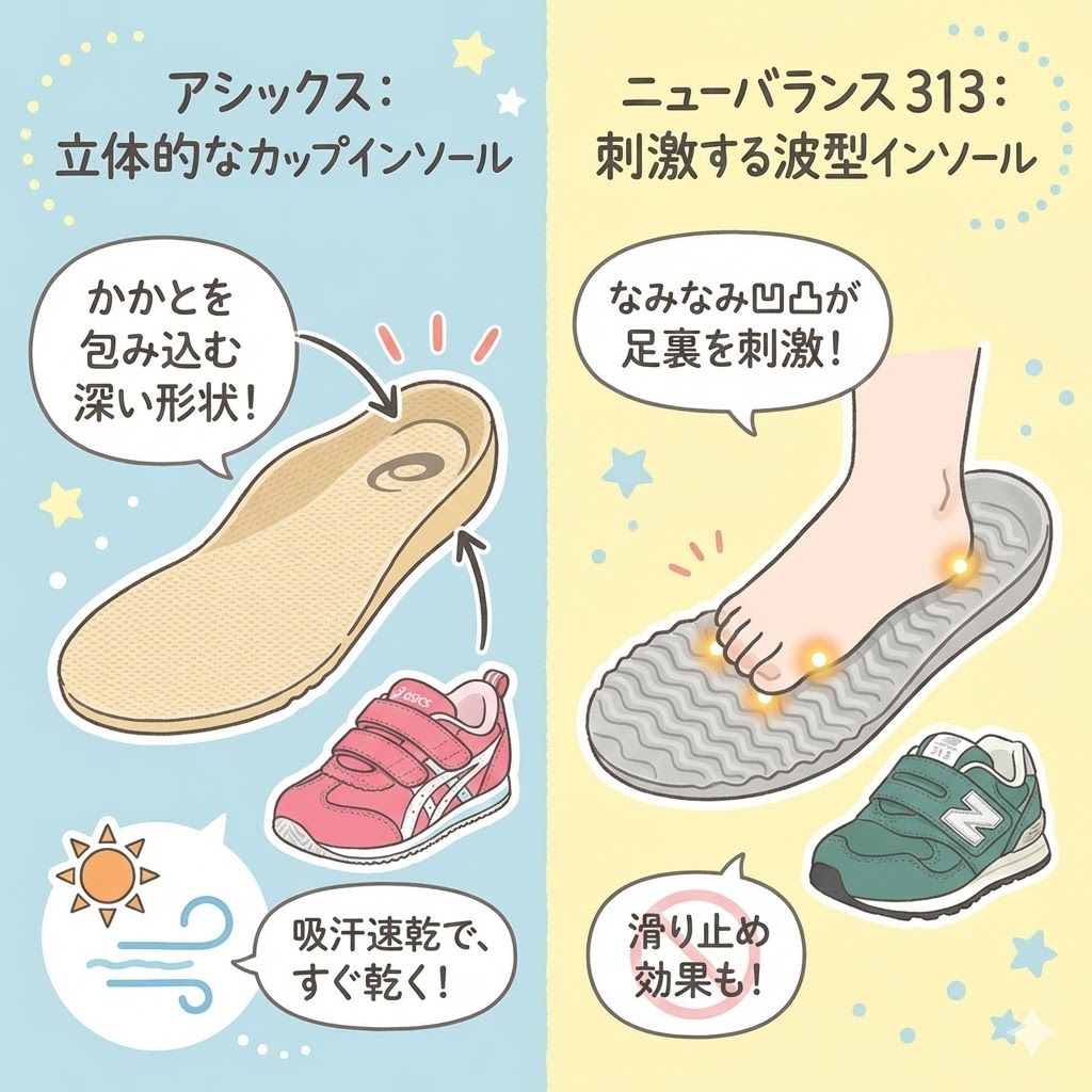 アシックスとニューバランスのインソール(中敷き)の違い|立体的なカップインソールと刺激する波型