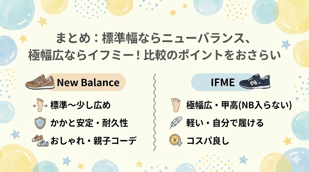 まとめ:標準幅ならニューバランス、極幅広ならイフミー!比較のポイントをおさらい