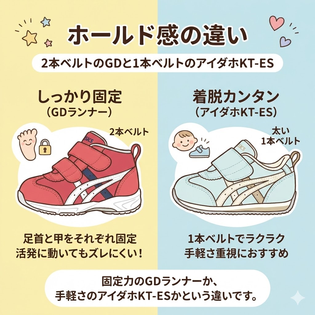 ホールド感の違い|2本ベルトのGDと1本ベルトのアイダホKT-ES