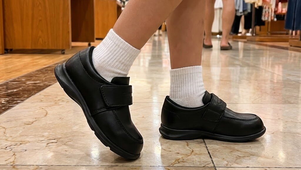 ムーンスターフォーマルシューズを履く子ども