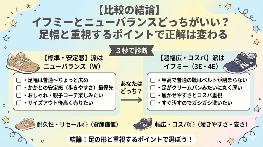 【比較の結論】イフミーとニューバランスどっちがいい?足幅と重視するポイントで正解は変わる