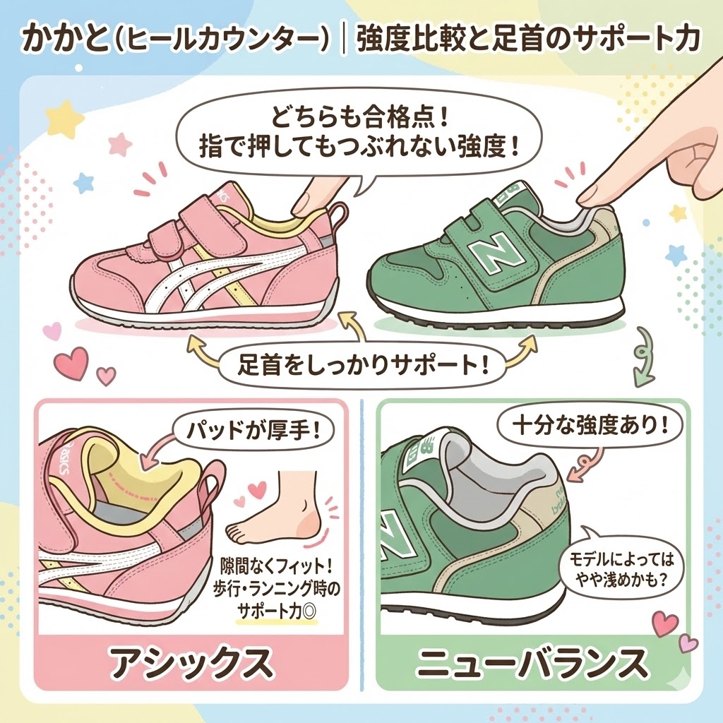 アシックスとニューバランスのかかと(ヒールカウンター)の違い|強度比較と足首のサポート力