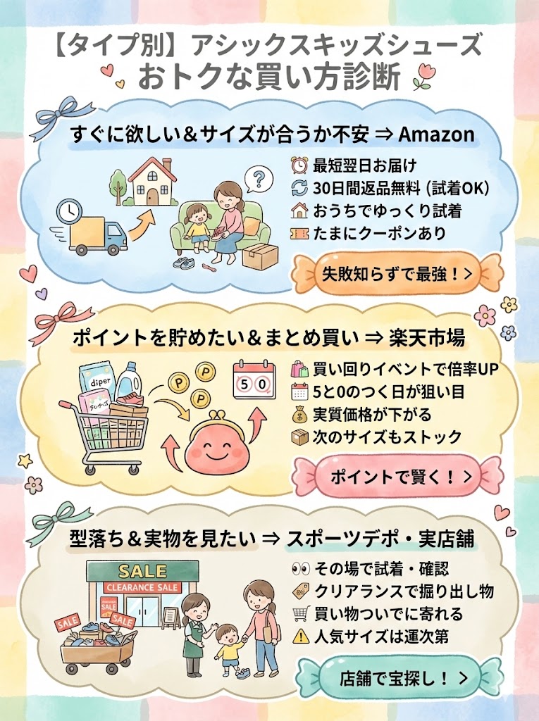 【結論】アシックスのキッズシューズを安く買う方法は？Amazon・楽天など3つの最適ルート診断