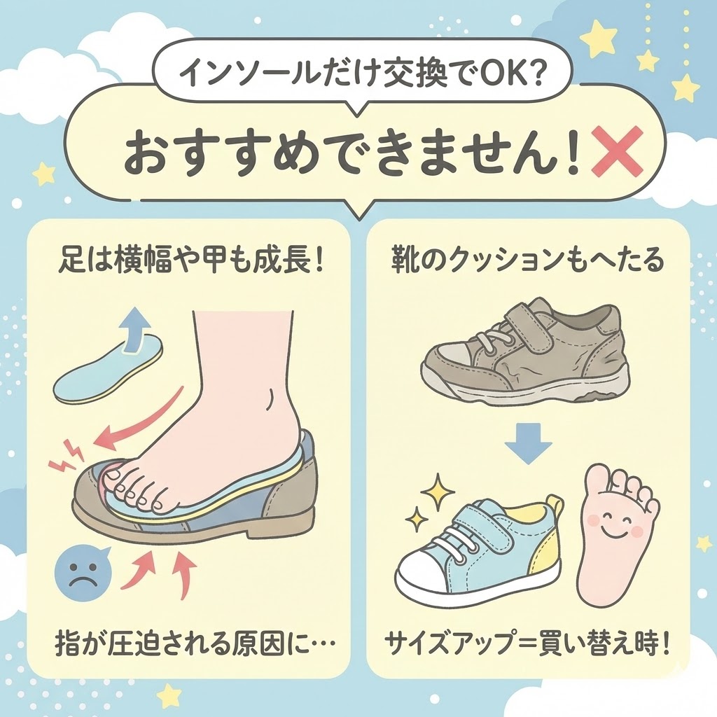サイズアップのとき、インソールだけ変えて使い続けるのはNG