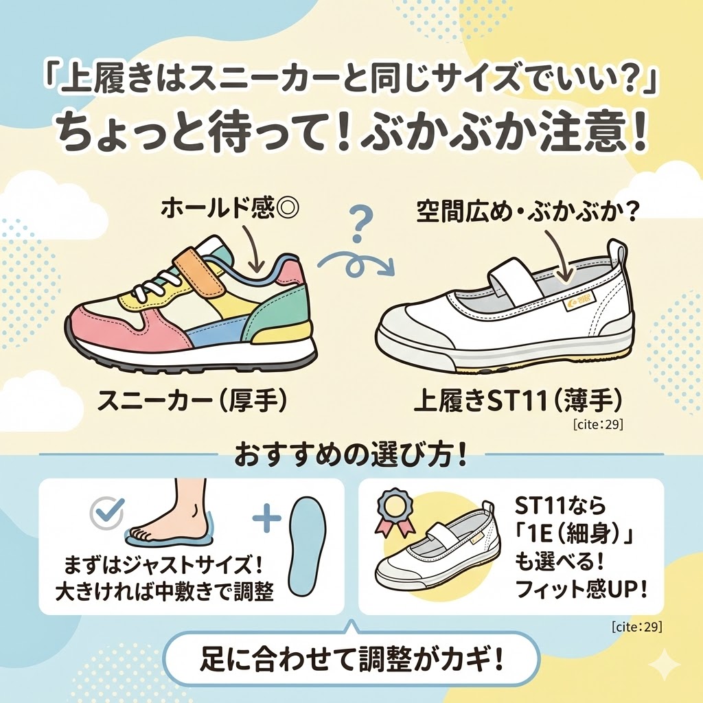 上履きはスニーカーよりも生地が薄いため、同じサイズでも「ぶかぶか」に感じることがあります。