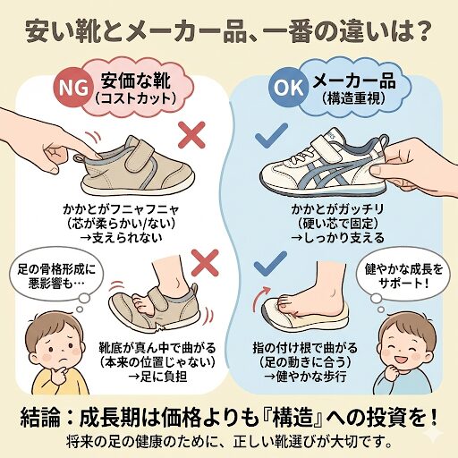 安い靴とメーカー品の高い靴は「かかとの芯の硬さ」と「靴底の曲がる位置」に大きな差が出ます。