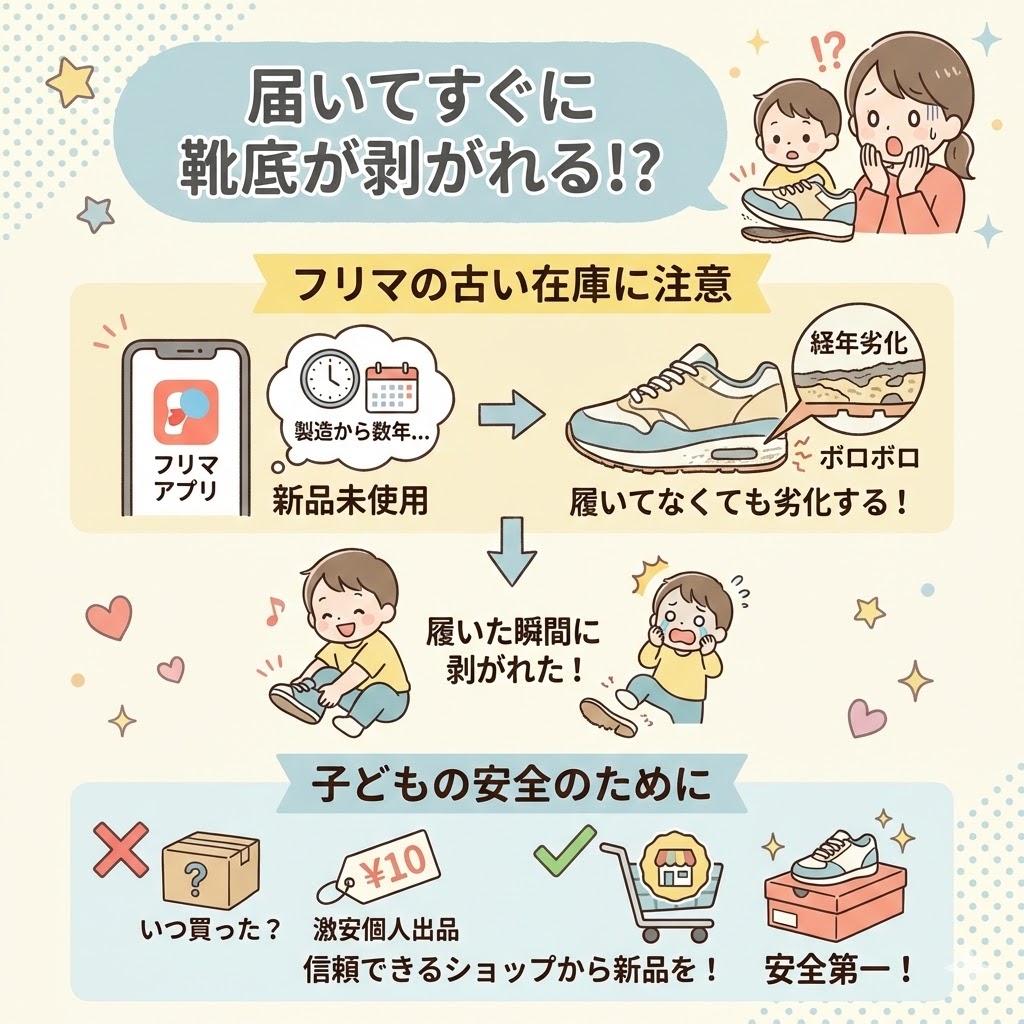 届いてすぐに靴底が剥がれる！？メルカリ・フリマの古い在庫に注意