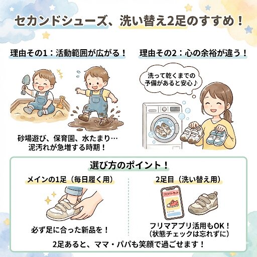 砂場遊びや保育園が始まるなら、セカンドシューズは2足あると心の余裕が違います。