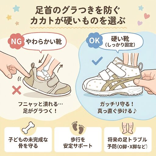 足首のグラつきを防ぐカカトが硬いセカンドシューズを選ぶ