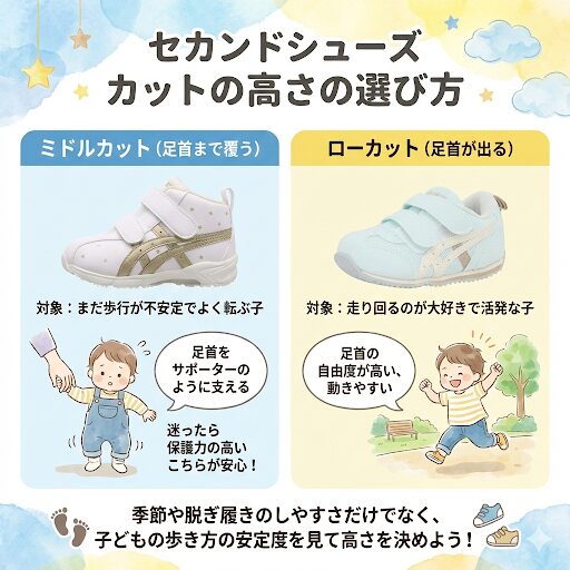 運動量に合わせてセカンドシューズのカットの高さを選ぶ