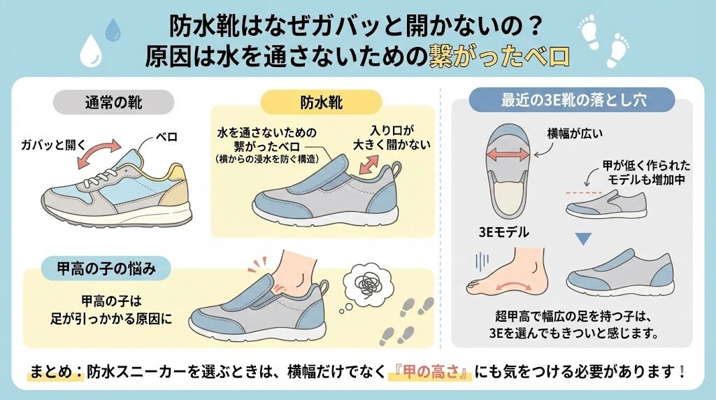 防水靴はなぜガバッと開かないの？原因は水を通さないための繋がったベロ