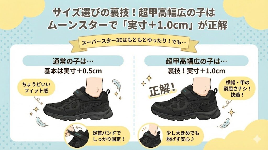 サイズ選びの裏技！超甲高幅広の子はムーンスターで「実寸＋1.0cm」が正解