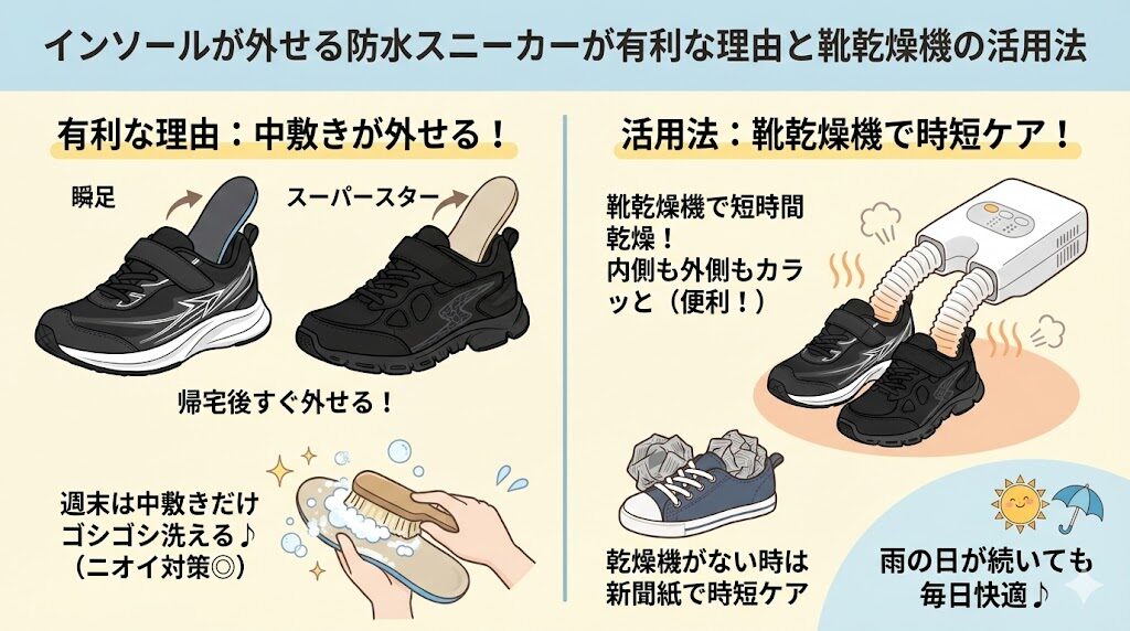 インソールが外せる防水スニーカーが有利な理由と靴乾燥機の活用法