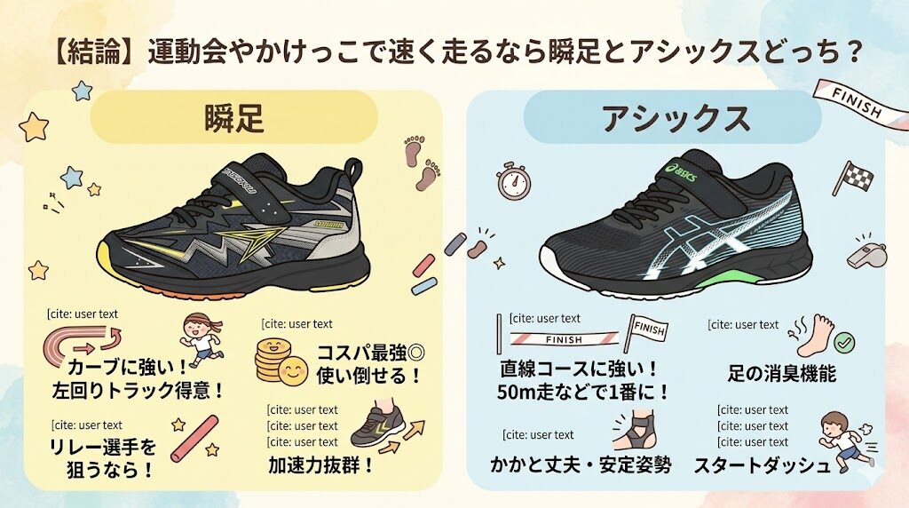 【結論】運動会やかけっこで速く走るなら瞬足とアシックスどっち？
