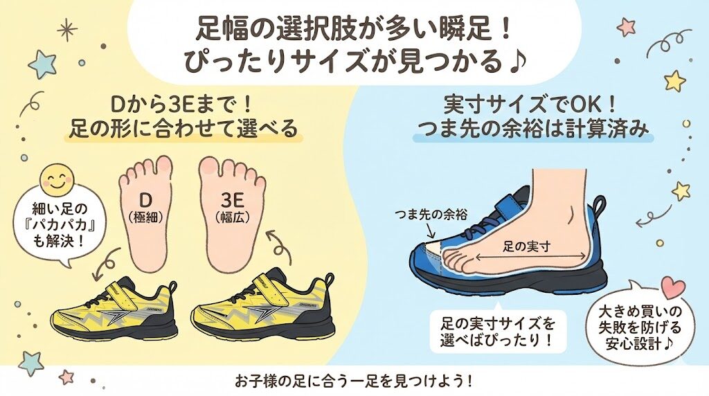 瞬足のサイズ感：足幅の選択肢が多い